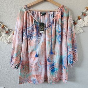Lauren Ralph Lauren Paisley Multicolor Keyhole Tie Half Sleeve Top Peasant NWT L
